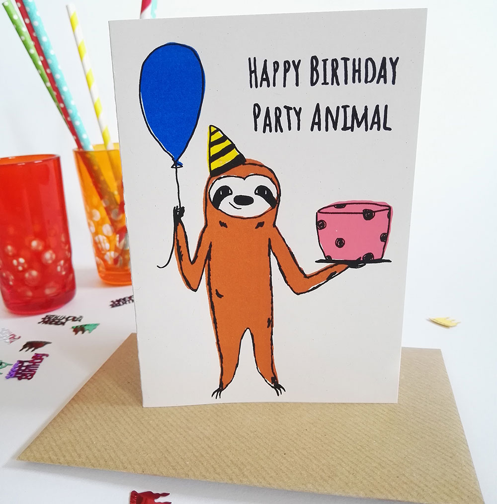 Faultier Geburtstagskarte "Happy Birthday Party Animal" - lovelysloth.com